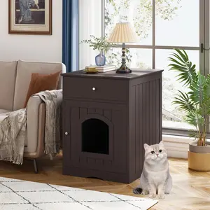 Brown Wooden Hidden Litter Box Enclosure - Multi-Functional Pet Furniture with Front Access, Odor Control, Drawer, Cat House, End Table, Fits Most Litter Boxes