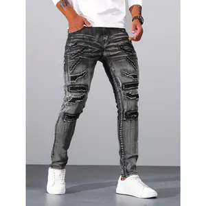 Men's Casual Ripped Biker Jeans, Chic Street Style Skinny Jeans