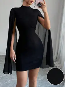 Women's Black Stand Collar Cape Sleeve Mesh Bodycon Dress Fitted and Flattering Short Skirt Elegant Formal Evening Party and Date Night Attire Women's Aesthetic Fashionable and Sexy Clothing Womenswear Lady