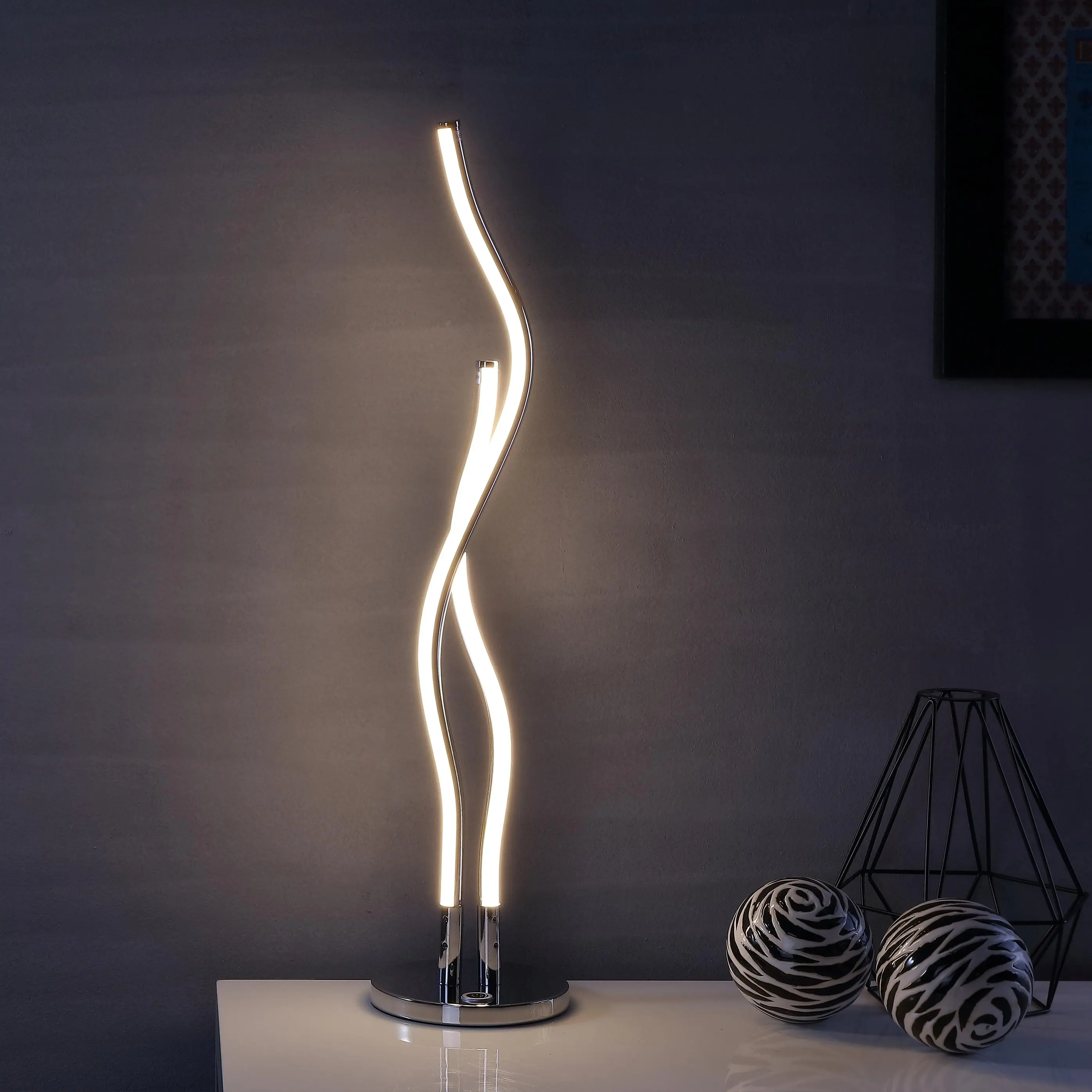 JONATHAN Y Cairo Integrated LED Table Lamp Modern 26.25" Metal, Chrome | Ribbon Design, Minimalist Slim Profile, Dimmable In-Line Switch, ETL Listed, Silk Wrapped Cord, 3000K, 580 Lumens
