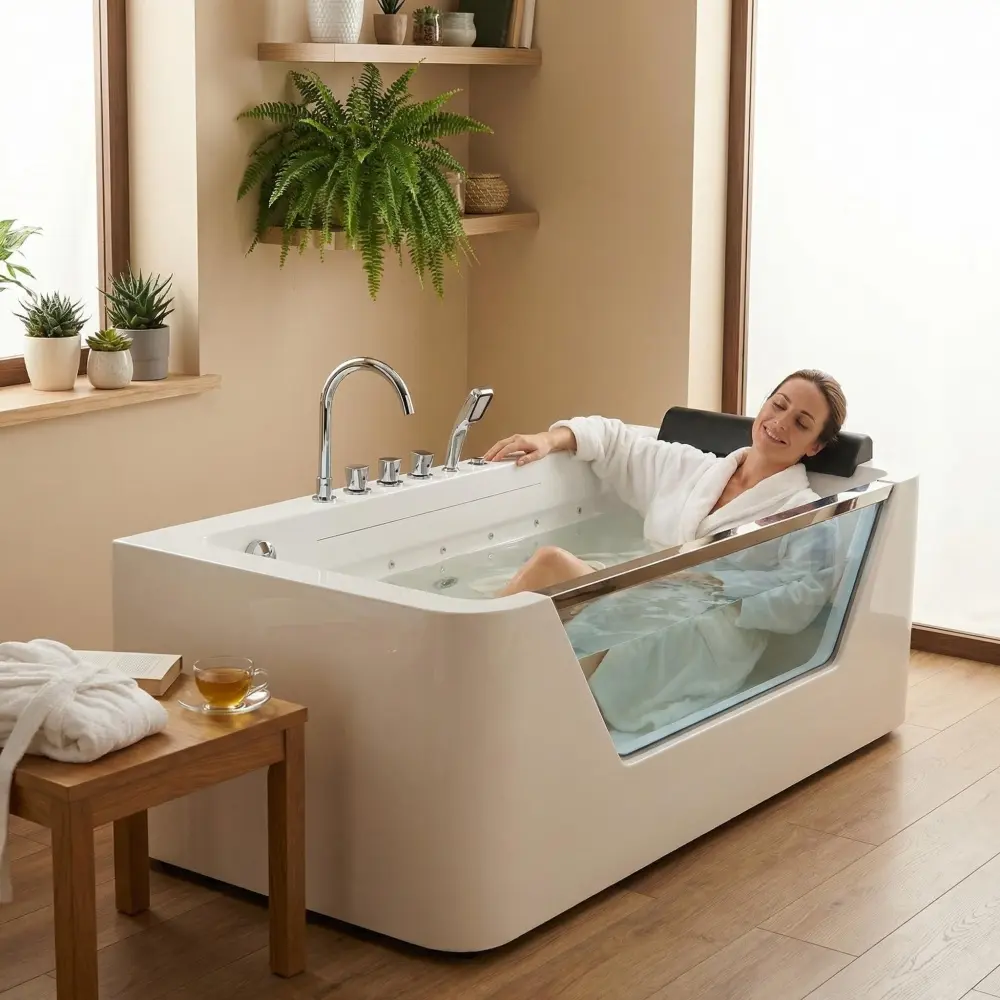 67" Whirlpool Bathtub ,Hydrotherapy Jetted Bathtub with Glass Panel, 7 Jets,3-Side Apron,89 Gallons,White Acrylic Relaxation