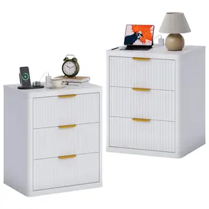 Garvee Fluted Nightstand Set of 2 with Charging Station, Bedside Table with 3 Drawers Storage Space, Metal Handles and Rounded Corners for Safety, Side Tables, End Table Bedroom