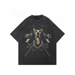 Holafish Vintage Acid Washed Black T-Shirt, Street Style Doberman Graphic, Casual Top with Bold Roaring Dog Design, Machine Washable, Casual Wear | Bold Graphic Tee | Stretchable Material, Dog Tshirt Round Neck Cotton