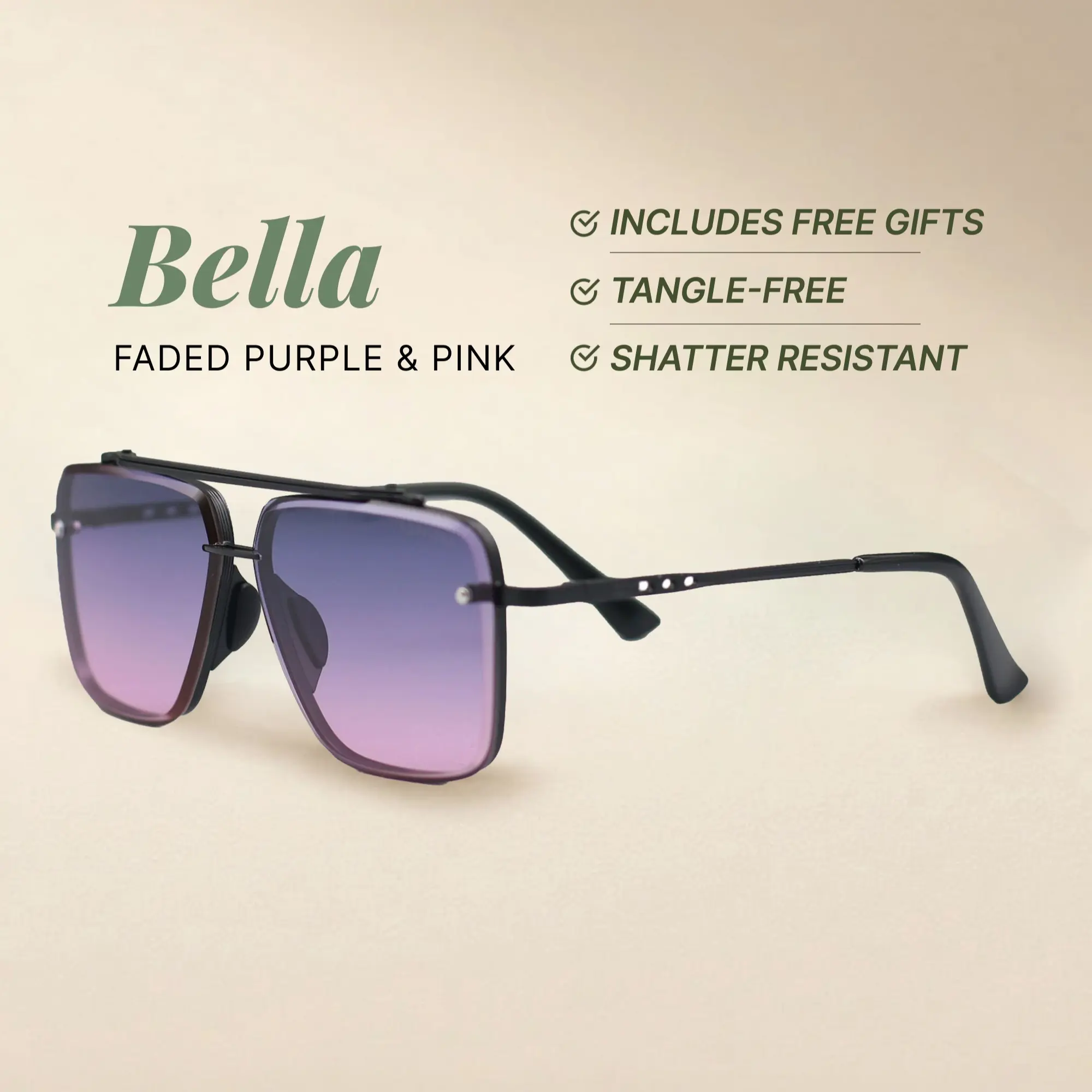 Bella - Faded Purple & Pink - Tangle Free Aviator Sunglasses - Certified Shatter-Resistant Lenses - UV400 - For Women & Men Stylish Sunglasses