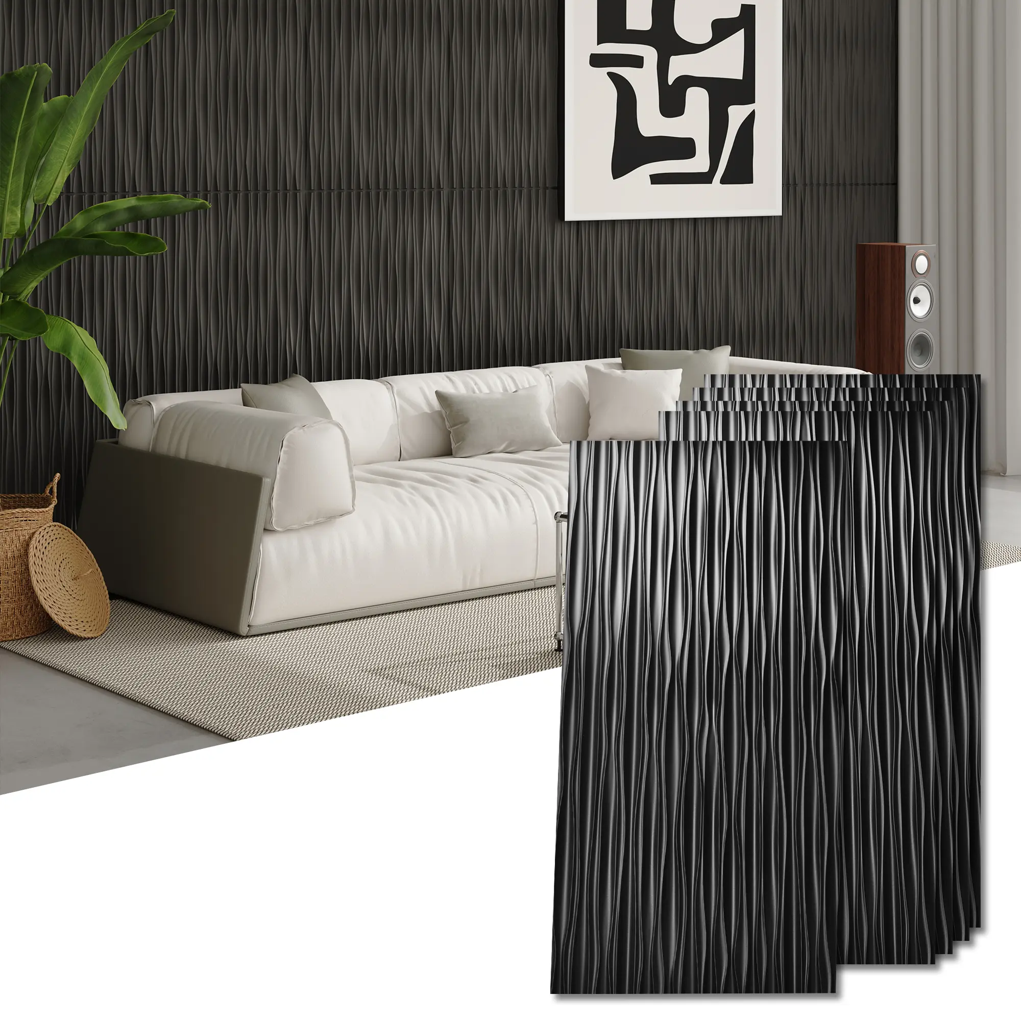Art3d 3D Wavy Design Decorative Panels, 6-Pack Large Black Matte Self Adhesive PVC Panels, 47.2in x23.6in Each, 46.2 Sq.Ft Coverage, Easy-Install Contemporary Bathroom Wall Decor (Home Improvement Building Supplies), Self Adhesive Panels
