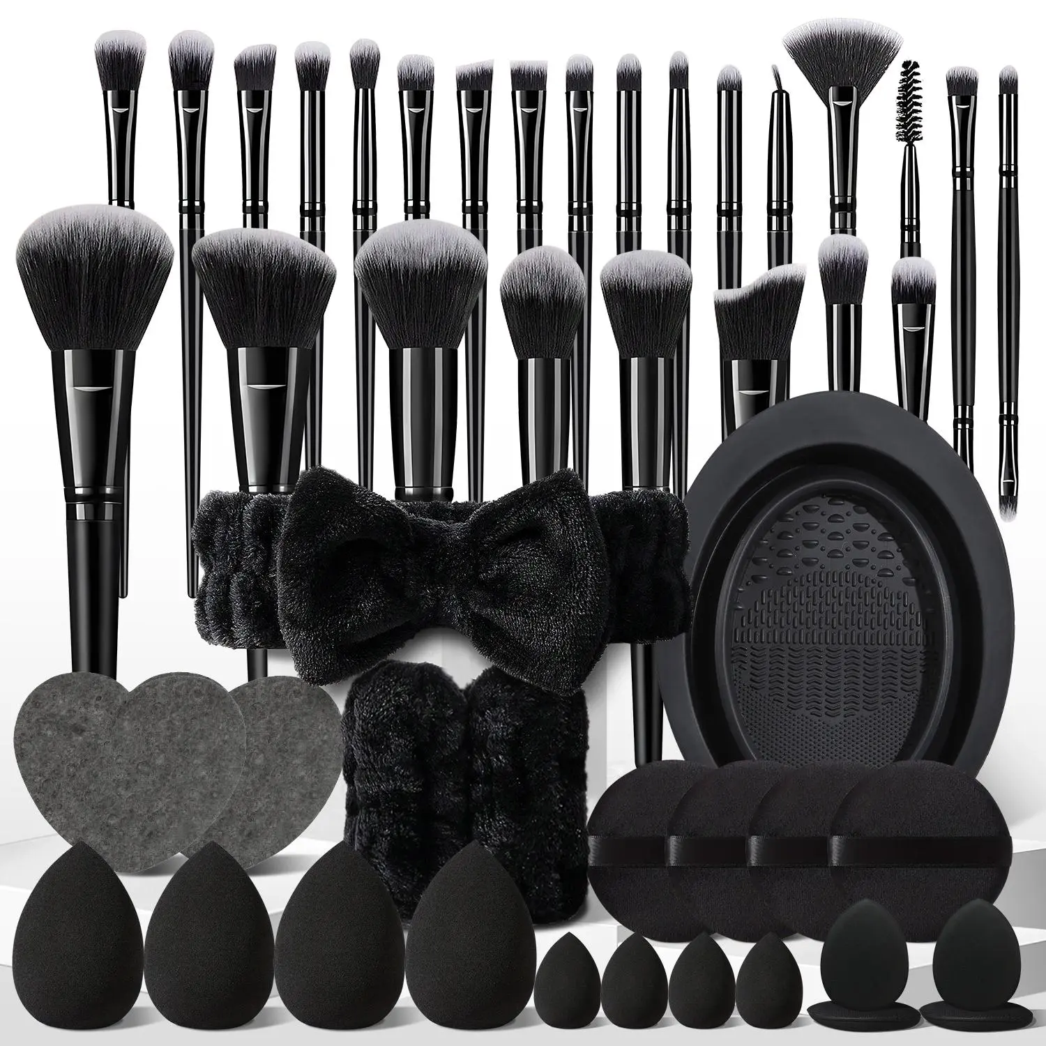 47pcs Festive Season Makeup Brush Gift Box, Cosmetic Tools, Makeup Brushes, Sponges, Finger Puffs, Powder Puff, Cleaner Bowl, Headband & Wristbands