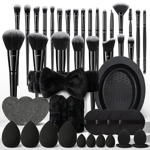 Makeup Brushes Set, 47pcs/set Makeup Sponges & Finger Puffs & Brush Cleaner Bowl & Headband & Wristbands & Beauty Sponge, Professional Makeup Tools for Women, Cosmetic, Makeup Products, Black, Makeup Brushes Kits, Eyeshadow Brushes, Face Brush Set, Gift