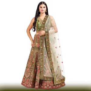 Mehendi Green Velvet Lehenga with Antique Gold Zardozi Embroidery