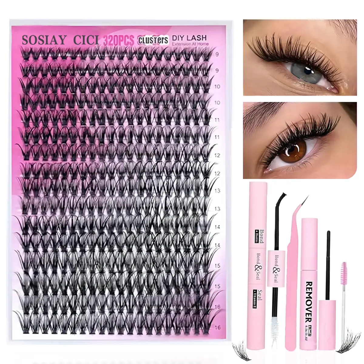 DIY Lash Extension Kit 320pcs Individual Lashes D Curl Eyelash Extension Kit 40D 9-16MM Lash Clusters with Lash Bond & Seal & Lash Applicator for DIY At Home
