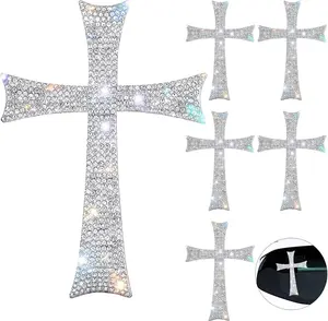 6 Pieces Silver Bling Cross Car Decals Waterproof Rhinestone Stickers with Self-Adhesive Backing for Decor, Bumper Window Laptops Luggage Car Interior Exterior Window Motorcycle Helmet Frienda