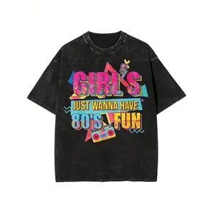 One 100 Percent Cotton Front Washed T Shirt With 80s Pop Art Design For Festival And Party Wear Unisex Daily Casual Outfit 230g