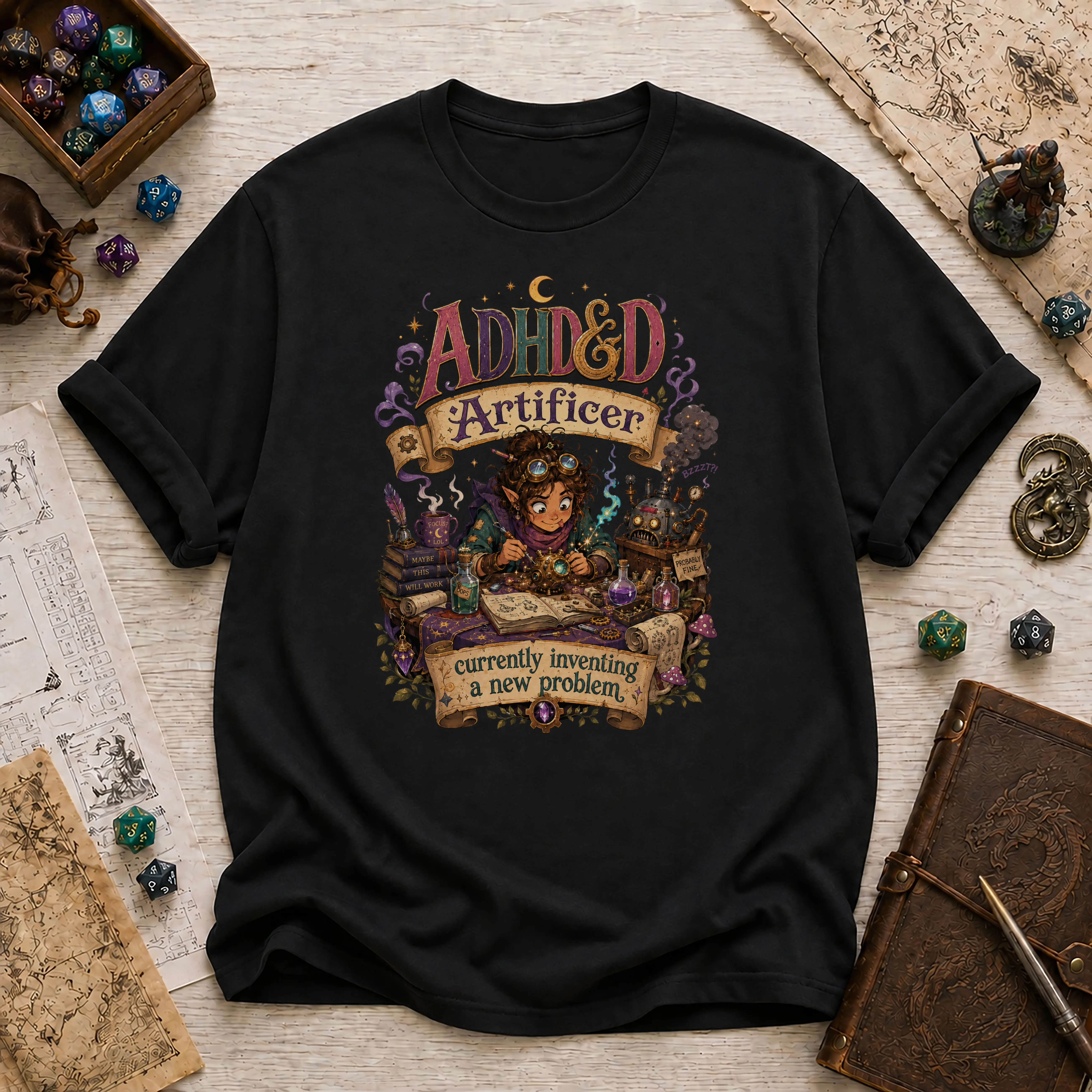 ADHD&D Artificer T-Shirt | Fantasy DnD Wizard, Roleplay Dice, Nerdy Gaming Tee | Gamer Tee | Gamenight Shirt Gift | Dungeon Shirt