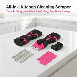 All-in-1 Car/Kitchen Cleaning Scraper Tool (2-Pack + 40 Replaceable Blades) - Effortless Dual-Sided Razor for Stove Top, Window Labels & Glass Handheld Sprayer Kit