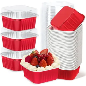 60Pack 5oz  Mini Cake Pans with Lids Baking Cups Aluminum Foil Pans Tins, Individual Dessert Cups Containers for Sales,Party,Picnics Red disposable ramekin