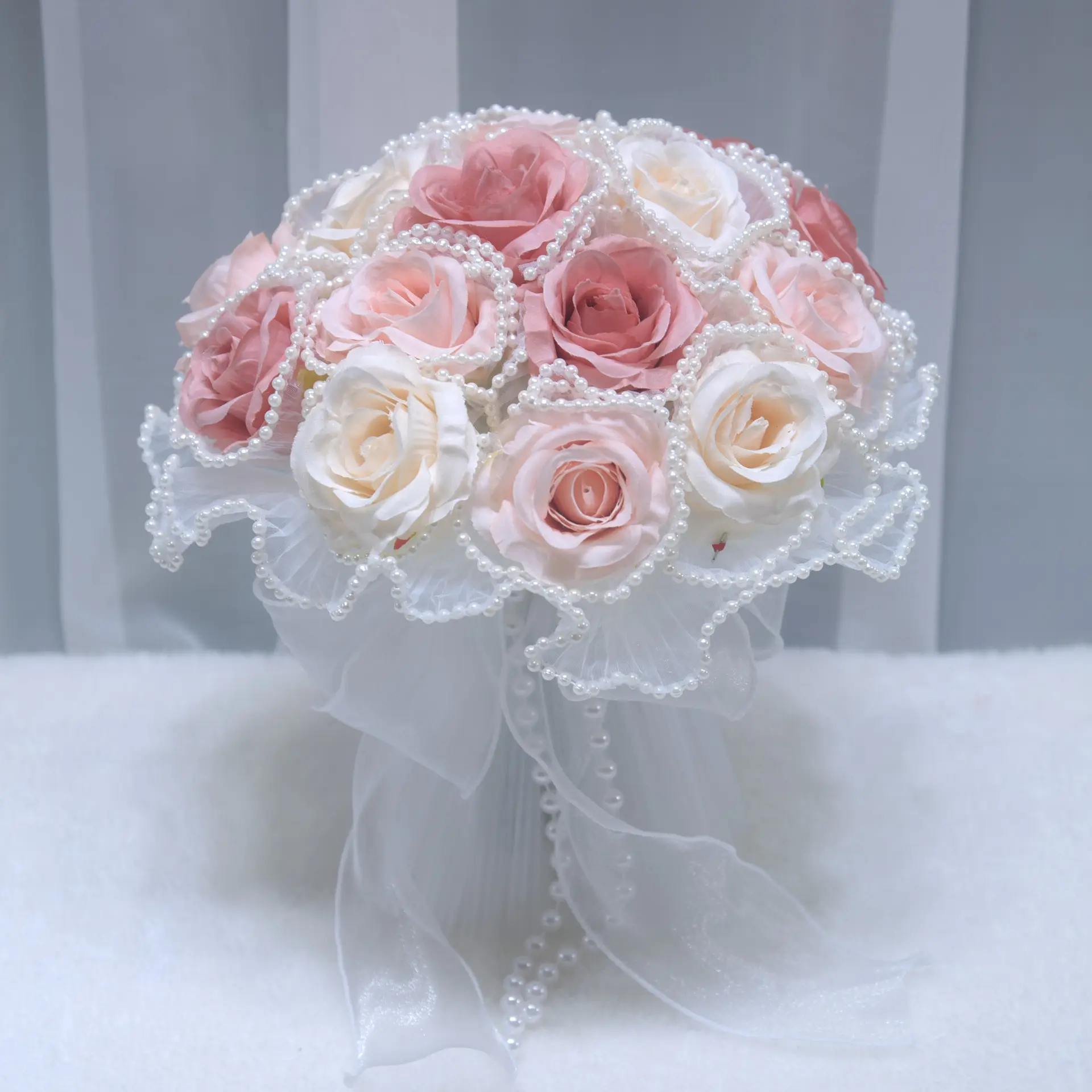 Artificial Peach Rose Wedding Bouquet with Pearl Embellishments & Satin Ribbon, Lightweight Dainty-Luxury Wedding Decor, Handheld for Brides & Photography Props