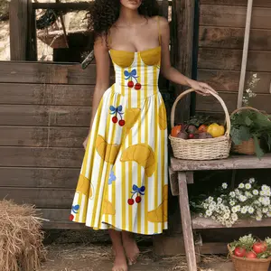 Women's Summer Style Dress Cherry Croissant Print Sundress Off-the-Shoulder A-Line Dress with Thin Straps for Vacation