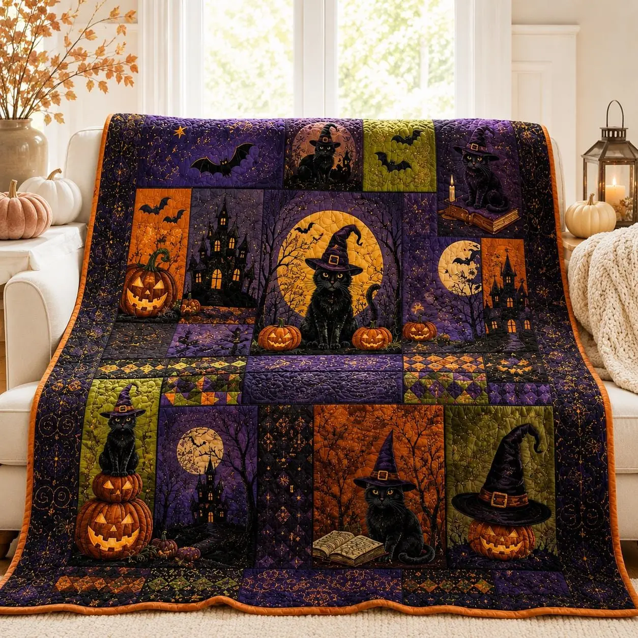 Vintage Spooky Halloween Black Cat Quilt Blanket - Pumpkin & Witch Patchwork Throw for Fall Decor