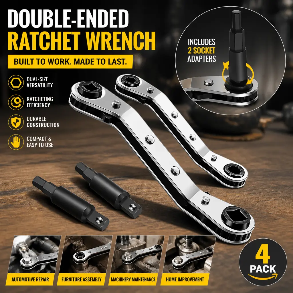 Multifunctional Alloy Steel 4-Pack HVAC Service Ratchet Wrenches - 3/16in, 5/16in, 1/4in, 3/8in Sizes, Quick Flip Design, 2 Hex Adapters, Compact Durable Construction, Dual-Size Versatility Tool Kit for HVAC Repairs Technicians