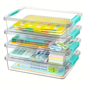 A set of 4 transparent storage boxes, suitable for storing documents, sundries, kitchen supplies, and office storage items, Office Desk Organizer. Made of plastic, they are unbreakable and odorless.