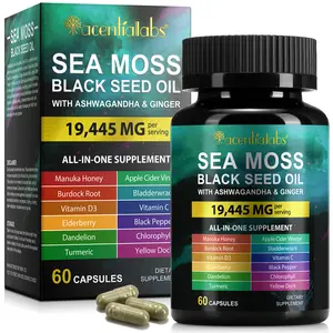 Sea Moss Black Seed Oil Ashwagandha Ginger, Sea Moss Capsule Supplement with Turmeric Burdock Root Bladderwrack Vitamin C Vitamin D3 Enhanced Immunity & Energy Black Seed Oil Capsule 60 Count Summervibes