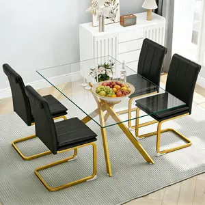 51.18 "Rectangular Glass Dining Table with Clear Tempered Glass, Golden Plated Tubular Metal Legs with Adjustable Leveling Feets, Kitchen Table for Dining Room,Dinner Table（ONLY TABLE）