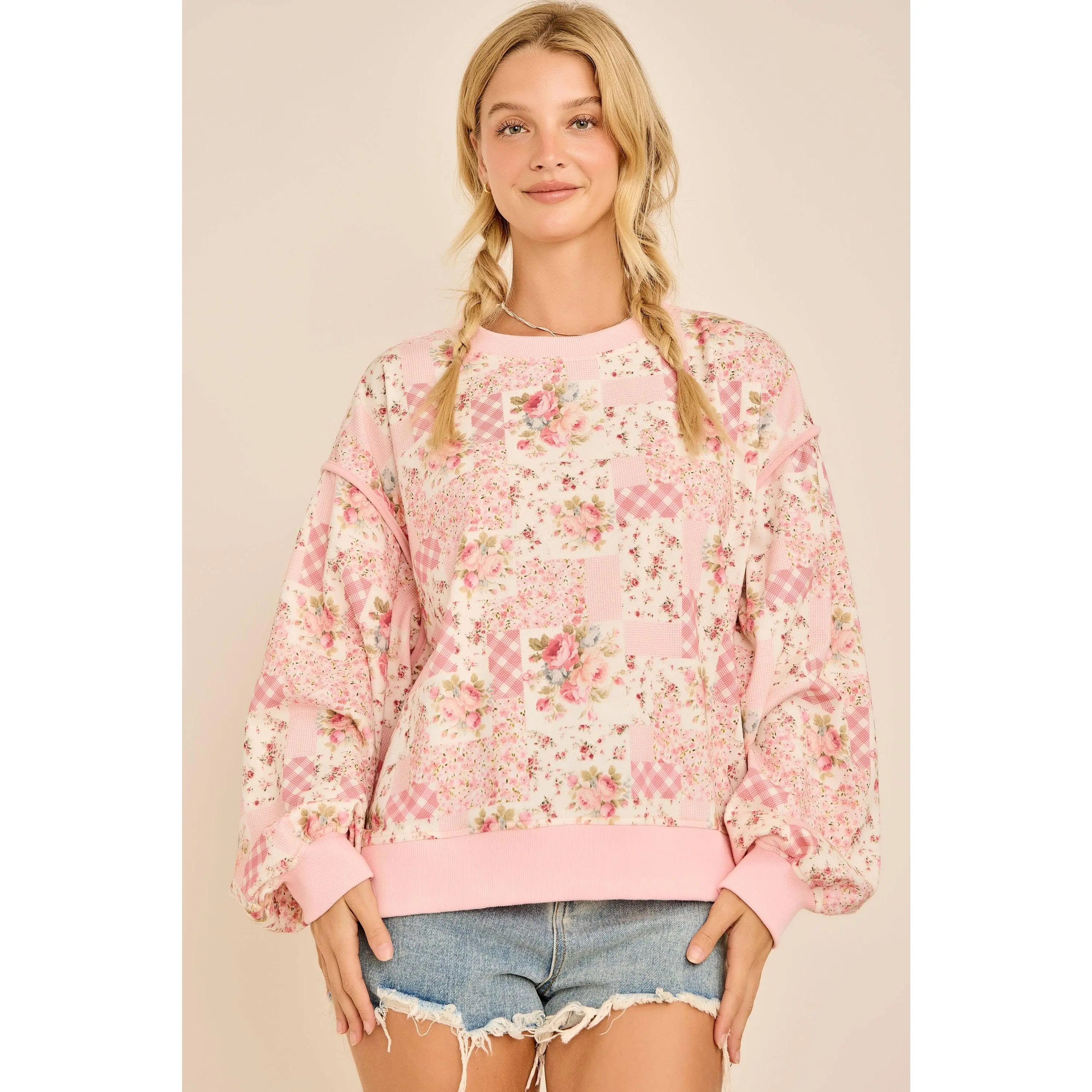 Oversized Patchwork Floral Crewneck Sweatshirt