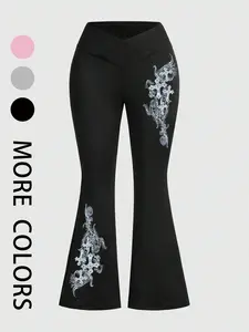 Women's High Waist baggy leggings, Elastic Waist Leggings, Cross Waist Design, Tummy Control, Wings & Cross Print, Casual Fitted Leggings, Stretchy Workout Leggings, Workout Legging Pants for All Seasons
