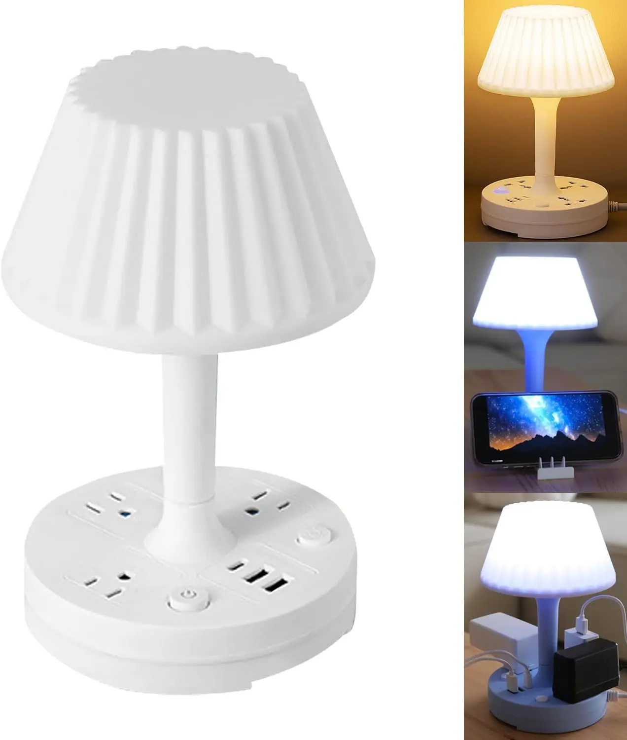 Table Lamp with USB Charging Port & AC Outlet, 3 Color Modes Dimmable LED Desk Lamp, Eye Care Soft Nightstand Lamp, Adjustable Brightness Small Bedside Light for Bedroom, Home Office, Living Room Study