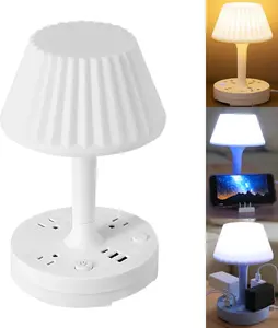Table Lamp with USB Charging Port & AC Outlet, 3 Color Modes Dimmable LED Desk Lamp, Eye Care Soft Nightstand Lamp, Adjustable Brightness Small Bedside Light for Bedroom, Home Office, Living Room Study