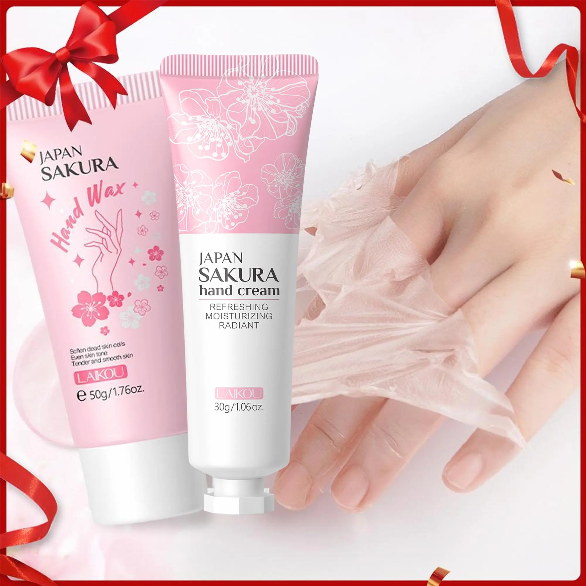50g Sakura Cherry Blossom Hand Wax & 30g Hand Cream, 2 Counts/set Peel off Exfoliating Mask Nourishing Moisturizing Hydrating Hand Mask & Lotion