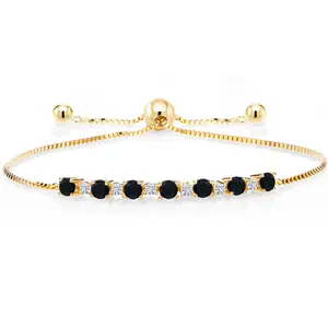 Gem Stone King 18K Yellow Gold Plated Silver Black Onyx and White Moissanite Tennis Bracelet For Women (0.82 Cttw, Gemstone Birthstone, Fully Adjustable Up to 9 Inch)