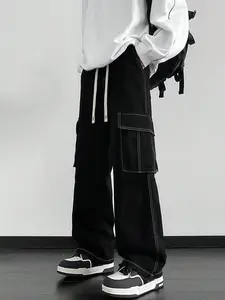 Men's casual straight-leg work pants with drawstring waist adjustment, multiple pockets and a distinctive design, suitable for work, sports, and can be worn with jackets and sweatshirts, ideal for spring and summer wear.