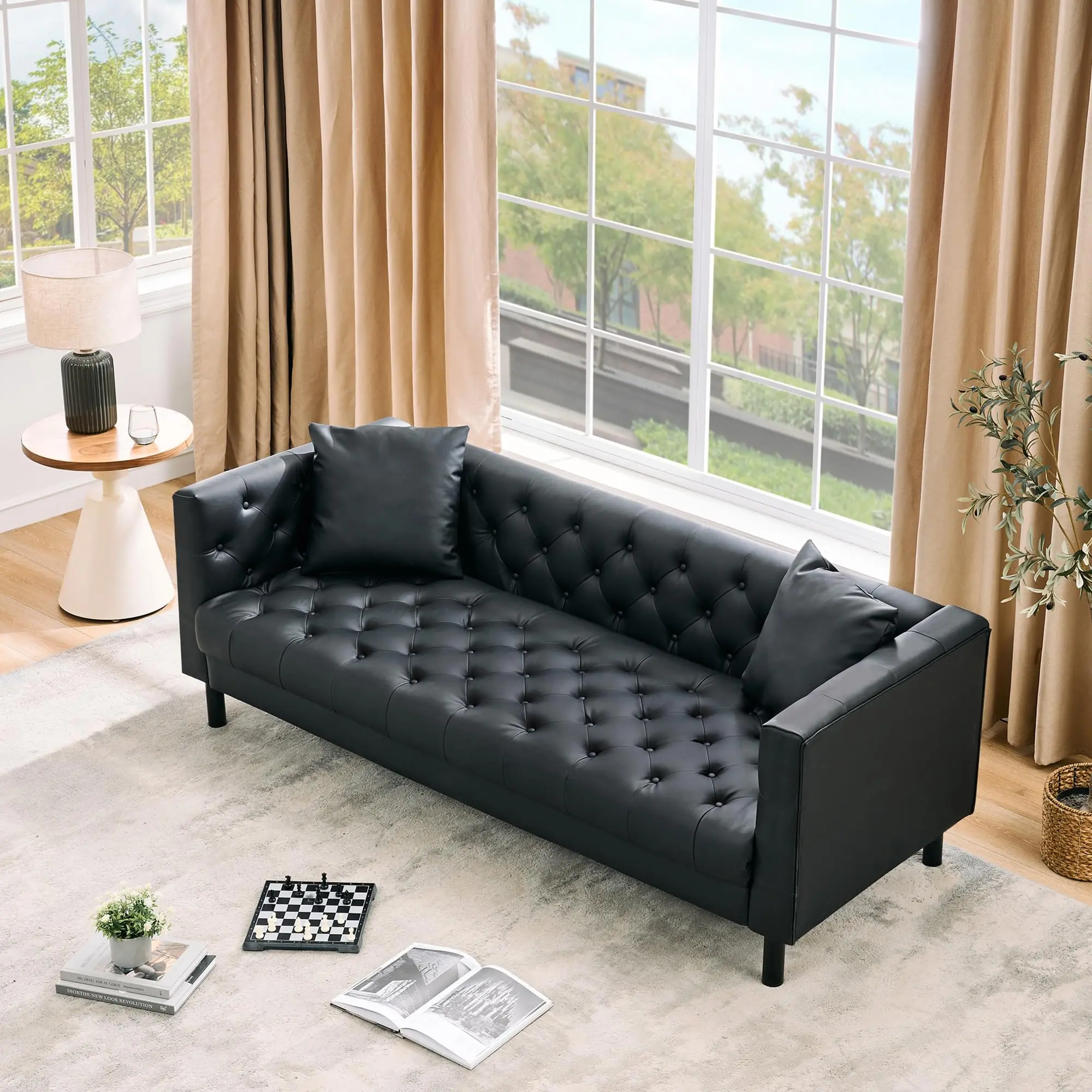 Garvee 81in Mid-Century Chesterfield PU Leather Decorative Sofa - 3-Seater Indoor Couch, Deep Seat, Button Tufted, 2 Pillows, Easy-Clean Damp Cloth Surface, Black Modern Sofas Couches & Lounge Furniture for Living Room, Office, Modern Lounge Furniture