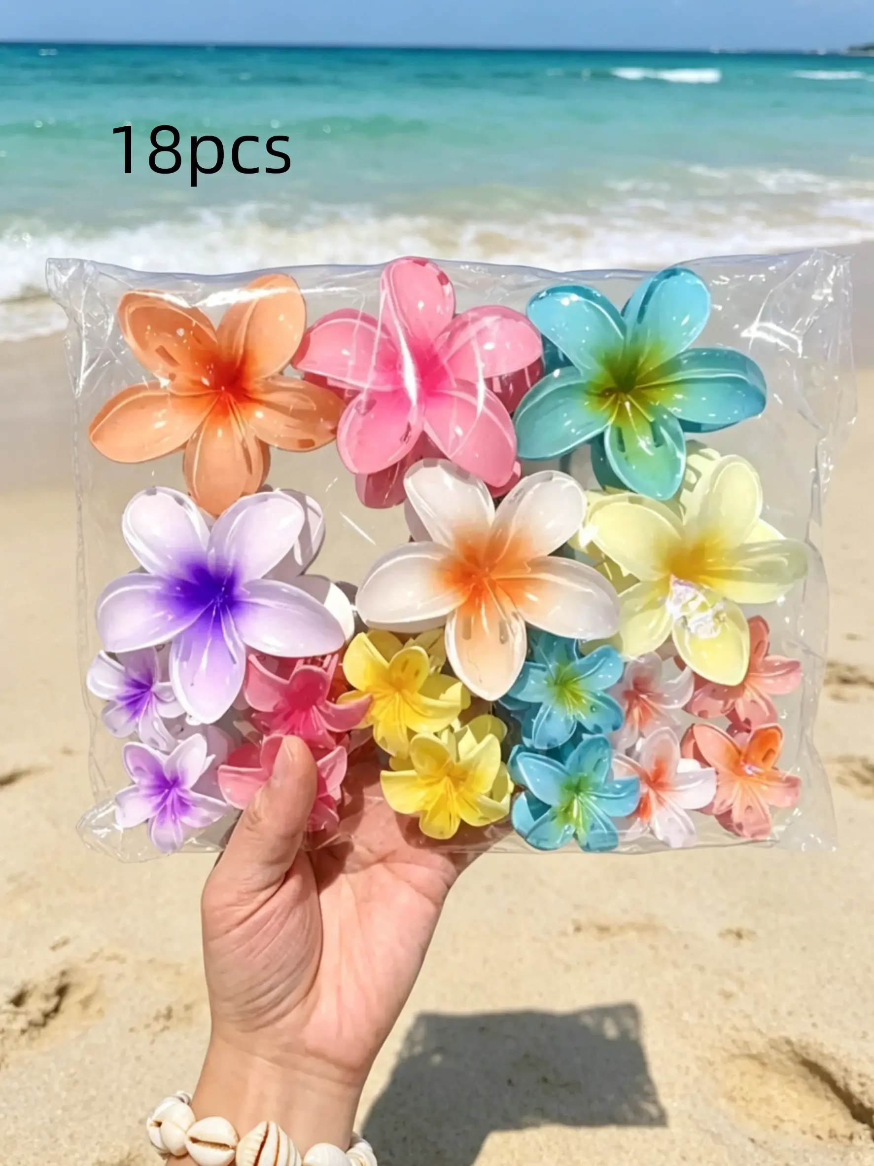 18 Pcs Gradient Candy Color Flower Hair Clips, Hair Clip Set, Large Non-Slip Shark Clamps for Thick Hair, Hawaiian Tropical Design, Summer Beach Party Accessories, Super Cute Clips, Fun Claw Clips, Hair Decor, Hair Claws Set