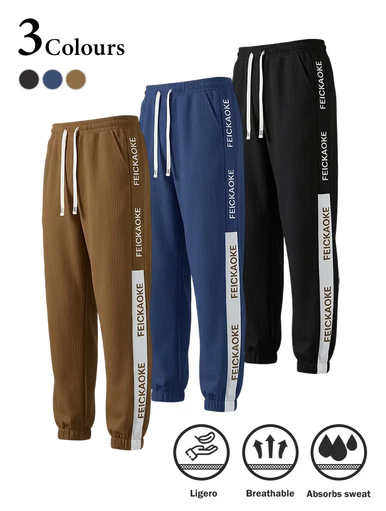 Men's 3-Pack Athletic Joggers, Sporty Chic Polyester Clothes with Ribbed Texture and Letter Print, Workout Gear, Running/Jogging, Breathable, Unisex Leg Joggers Drawstring Workout Jogger