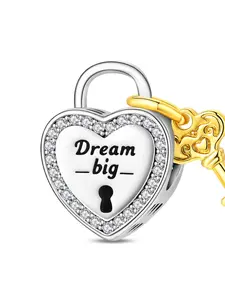 Fit Pandora Bracelet Plated 925 Silver Heart Lock Key Charm "Dream Big" Inspirational Bead DIY Jewelry Making Charms