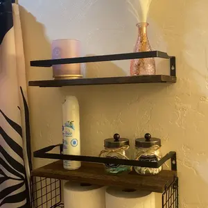 Floating Shelves For Wall Decor Bathroom Shelves With Metal Guardrail, Floating Shelves Over Toilet With Storage Basket, Floating Wall Shelves Black Wooden Farmhouse