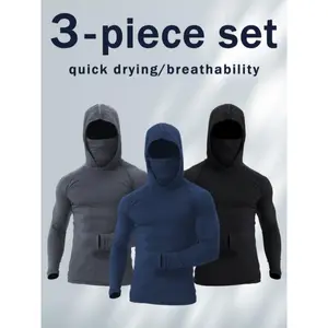 [3pcs] Men's Quick-Dry Sports Hoodies Face Mask Breathable Sun Protection for Gym,outdoor, Running & Casual Attire Activewear graphic tees