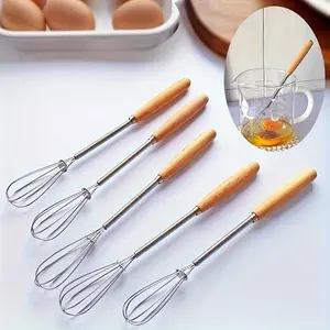Wooden Handle Whisk, 3 Counts Mini Stainless Steel Egg Beater, Milk Whipper Wire Whisk for Blending, Whisking, Beating, Or Stirring, Baking Tools, Kitchenware