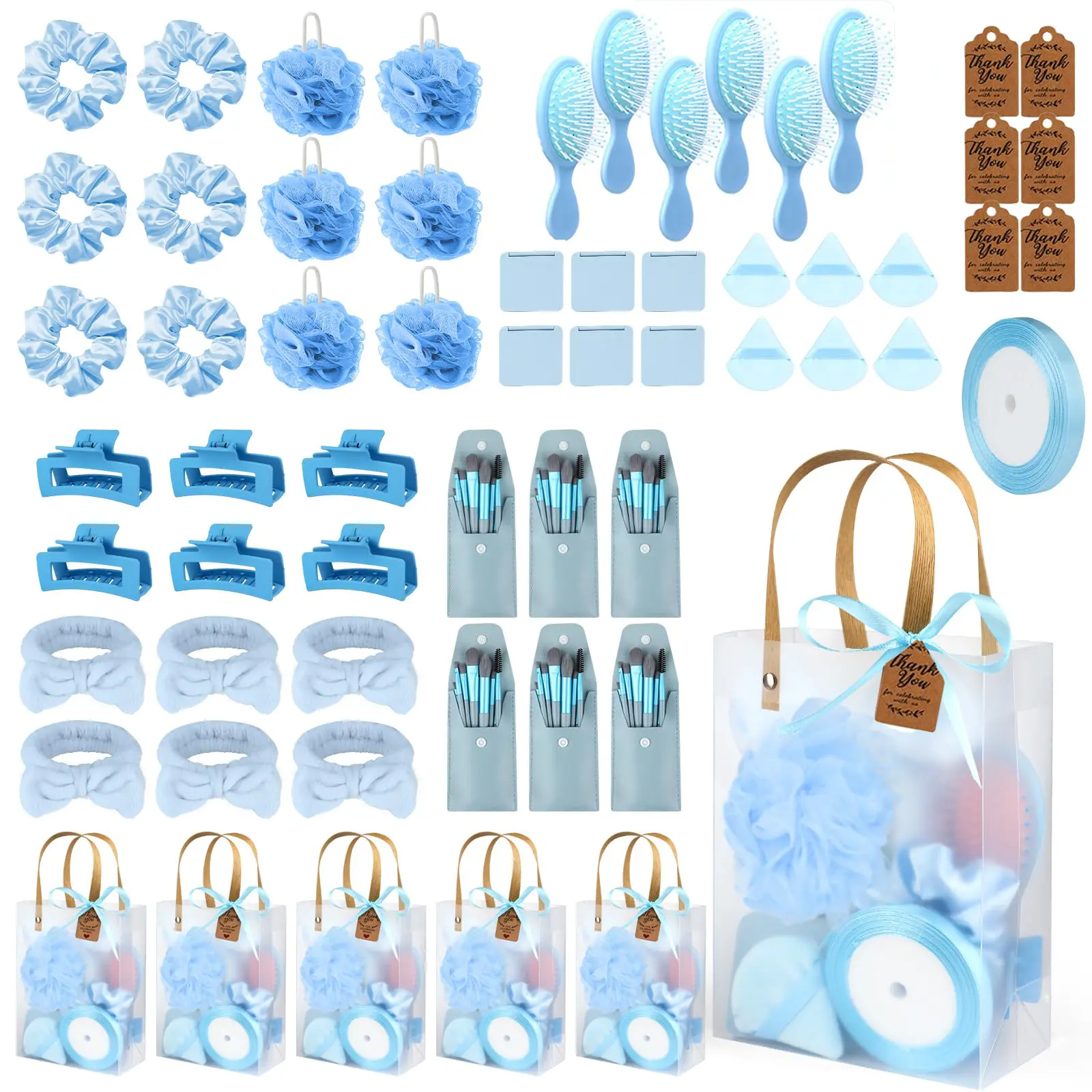 Blue Bridal Shower Game Prize Cosmetic Sets (6-Pack) - Compact Powder-Infused Beauty Kits with Makeup Brushes, Bath Sponges, Hair Accessories - Gift for Bachelorette Wedding Guests, Smooth