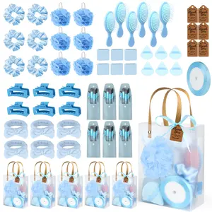 Blue Bridal Shower Game Prize Sets (6-Pack) - Compact Powder-Infused Beauty Kits with Makeup Brushes, Bath Sponges, Hair Accessories - Daily Gift for Bachelorette, Wedding Guests