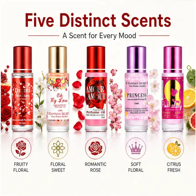 Portable Essential Oil Perfume – 5 Scents, 15ml – Women's Cologne for Commuting, Work, Leisure, Office, Dating, Daily Wear & Parties – Long-Lasting Fragrance