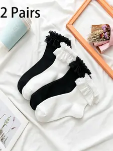 2 Pairs Sweet Lace Trim Socks, Summer Thin Women's Mid-Calf Socks, Cute Lolita Princess Socks, Soft Comfortable Non-Slip Breathable, Ideal for Sweet Style, Lolita, Jk Uniform, Dates, Gifts, Womenswear
