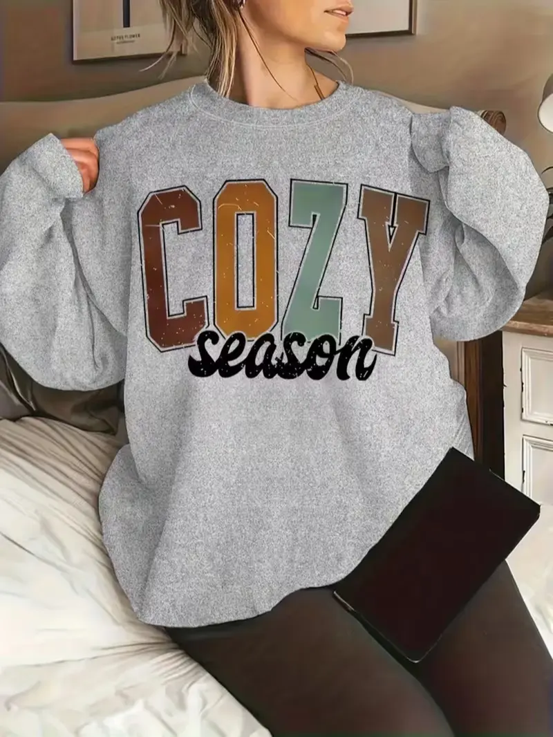 Cozy Season Multi‑Color Distressed Letter Print Fleece Crewneck Sweatshirt, Fall‑Winter Casual Pullover, Daily Holiday Gift
