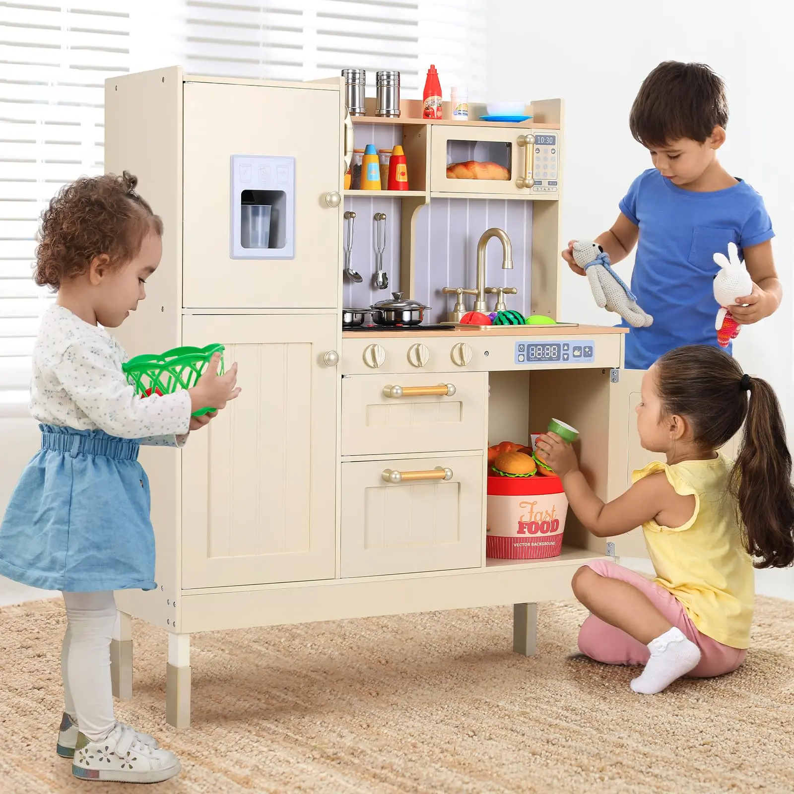 Arlopu Kids Kitchen Playset height-adjustable, Kids Pretend Play Kitchen w/Realistic Light & Sound, Telephone, Stove, Fridge, Microwave, Removable Sink, Water Dispenser for Little Boys / Girls Age 3+, homeessentials