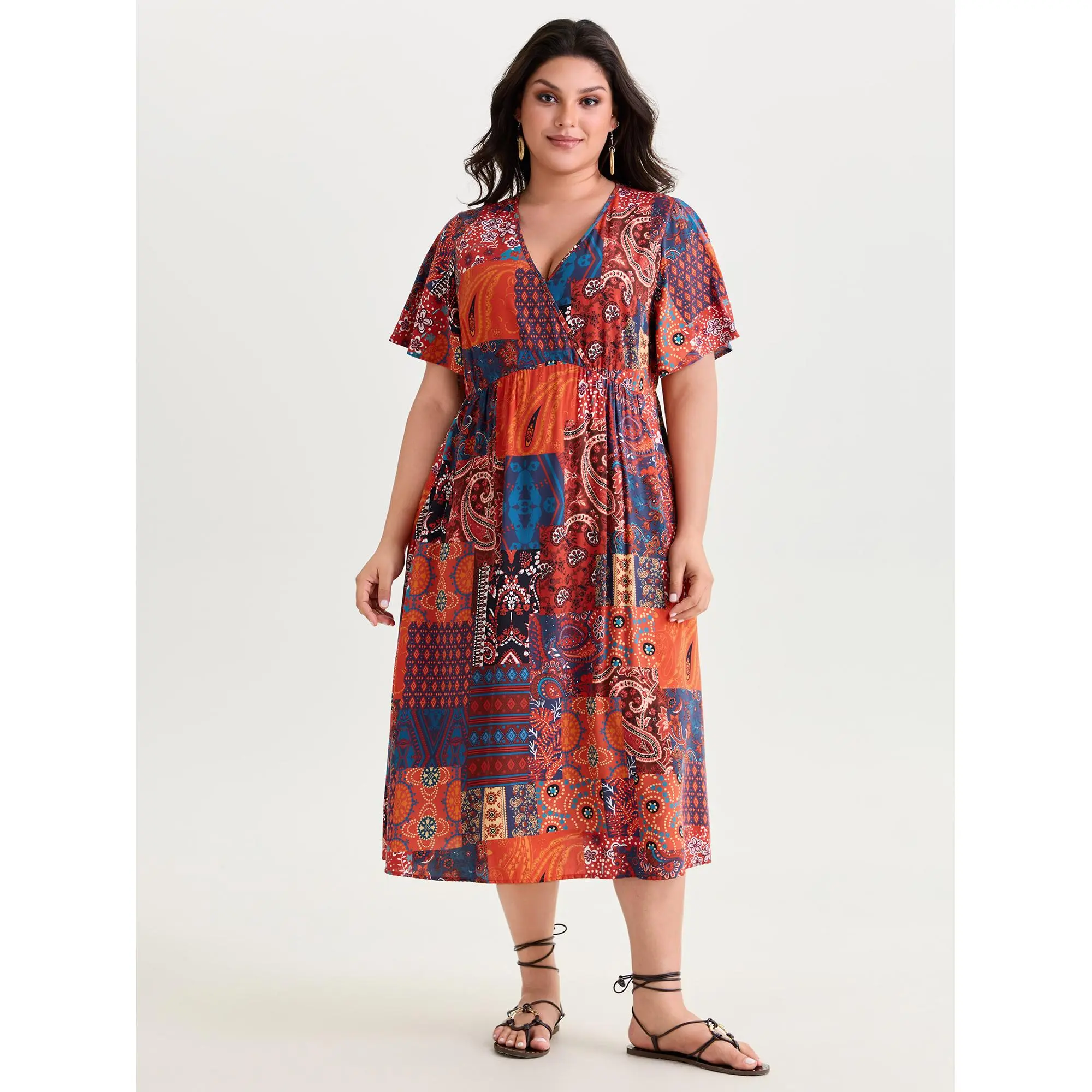 BloomChic Patchwork Print Wrap Front Midi Dress 【M-6XL】