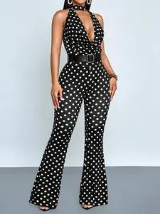 Two-Piece Summer Casual Sexy Women's Polka Dot Long Pants Set, Deep V Neck Top with High Waist Fitted Bell Bottoms, Fashionable Summer (Belt not included)