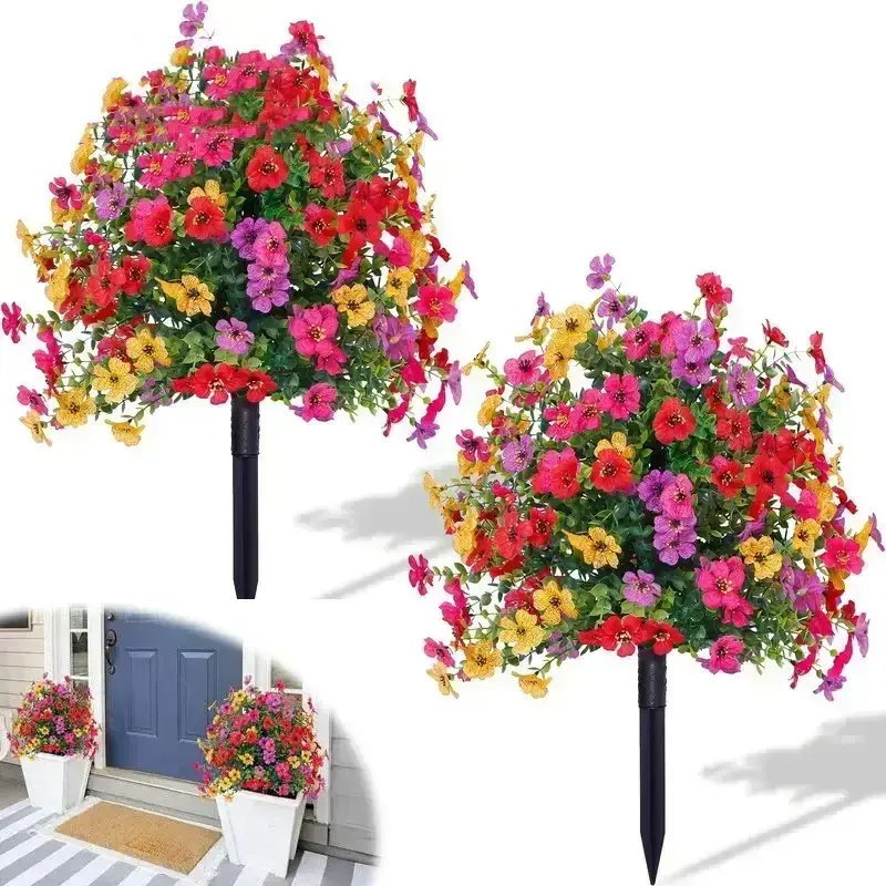 2 Bundles Artificial Violet Rose Bushes, Outdoor UV Resistant Waterproof Artificial Fake Flowers, Decorative Flowers, Garden Porch Patio Decor, Low Maintenance No Watering Needed Summervibes