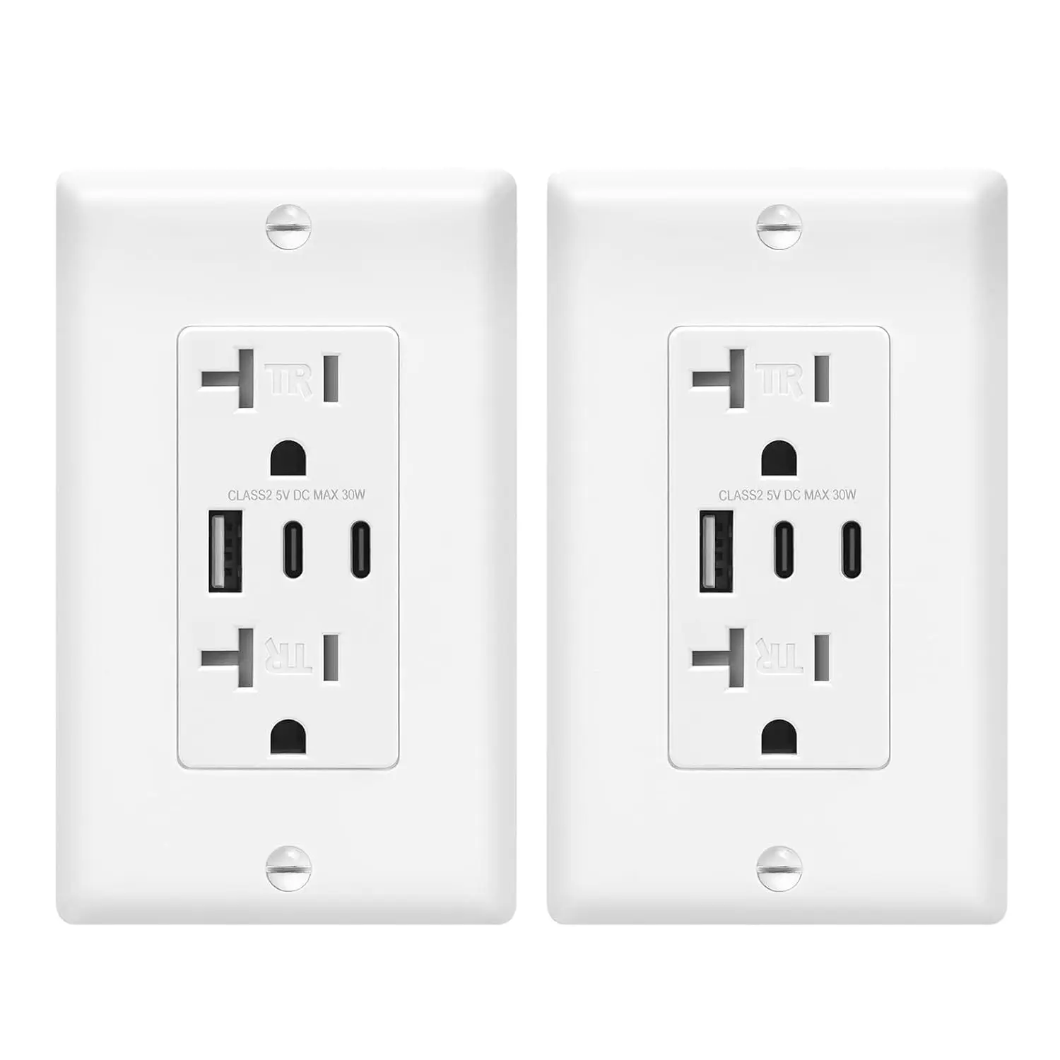 USB C Wall Receptacles, 3-Ports USB Power Socket Outlet, 20A Tamper-Resistant Receptacle, 6.0A Electrical Outlets with Type-A & C Port, Wall Plate Included, ETL Listed, White, 2Pack