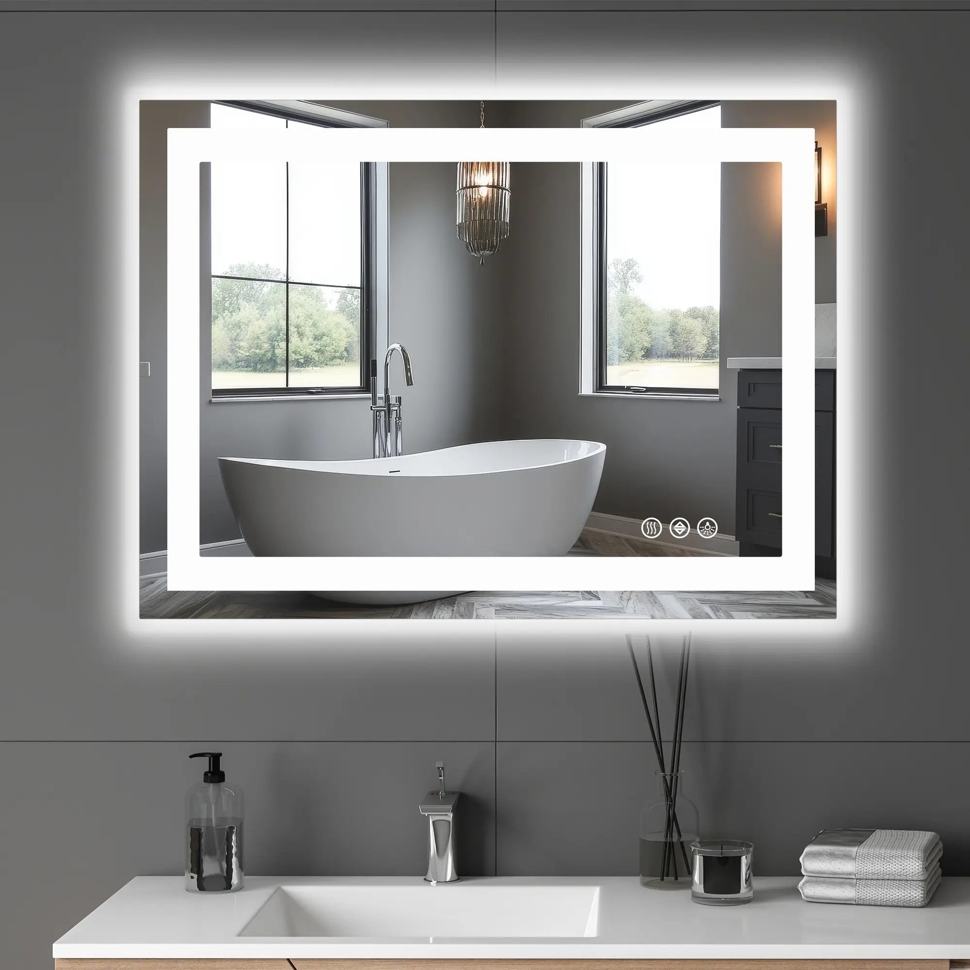 LED Wall-Mounted Bathroom Vanity Backlight Mirror, 28x36 in, Double Front & Back Lights, Anti-Fog, Shatter-Proof, Dimmable, Tempered Glass, Memory Function, Waterproof, Bathroom Mirrors, Rectangle